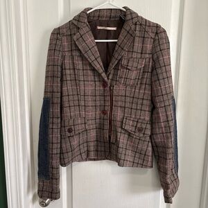 Buffalo David Bitton Womens Plaid Blazer Jacket with Elbow Patches - Brown/Pink